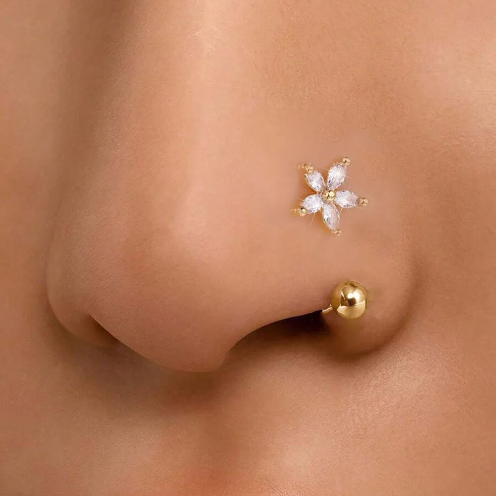 1Pc Simple Flower-Shaped Nose Ring,14K Gold Plated Stainless Steel Piercing Jewelry for Women Daily Wear Body Piercing Accessory