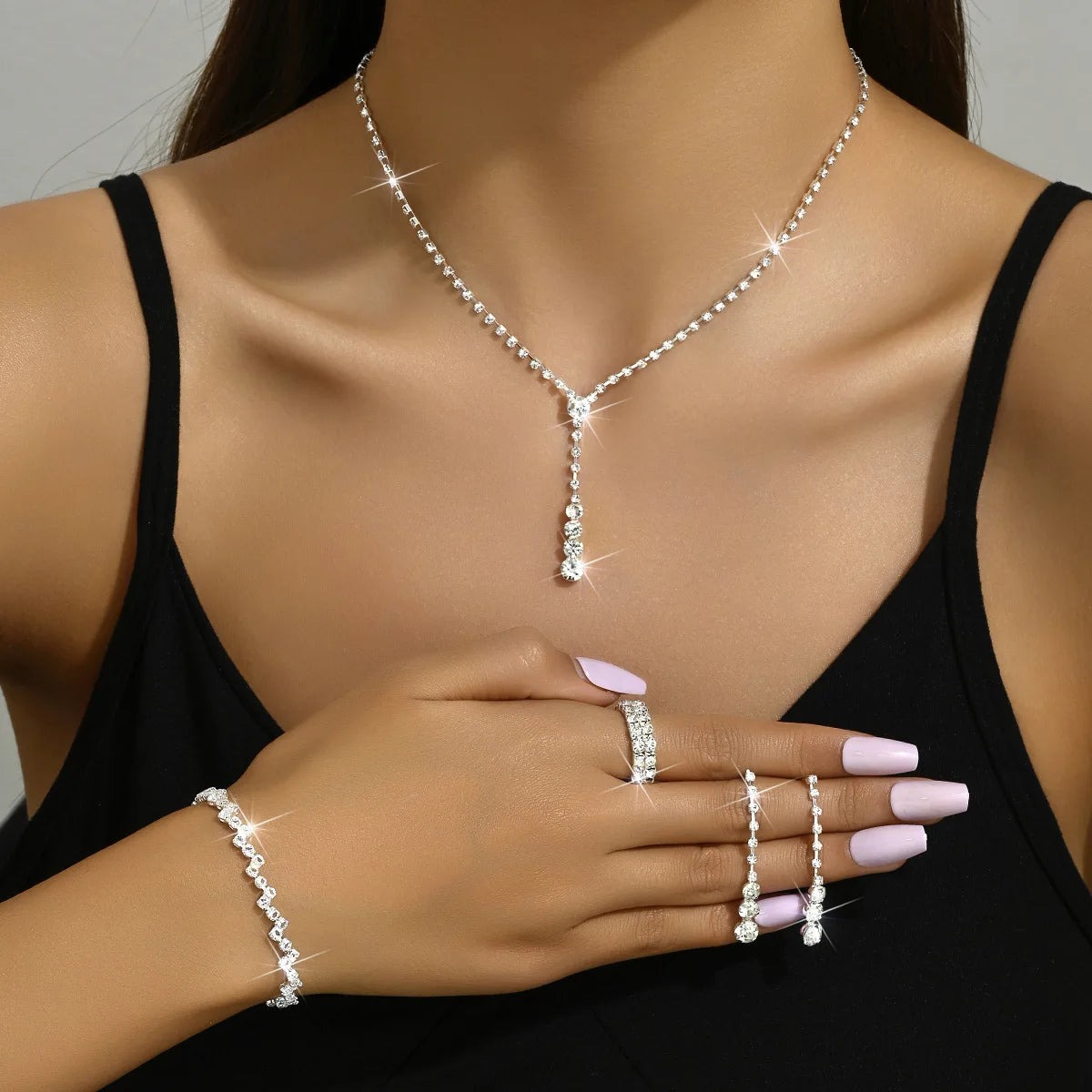 5Pcs Silver Prom Jewelry Set for Women Minimalist Rings Necklace Earrings Bracelet Set Wedding Party Dress Accessories Gifts