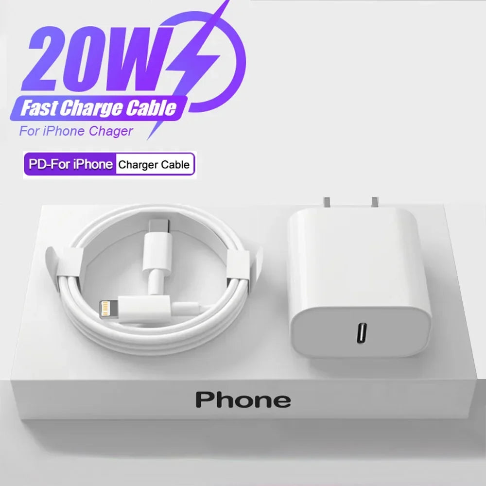 Chargeur Rapide 20W pour iPhone 13 mini 12 11 Pro 14 Pro Max Plus X XR XS – USB Type C avec Câble
