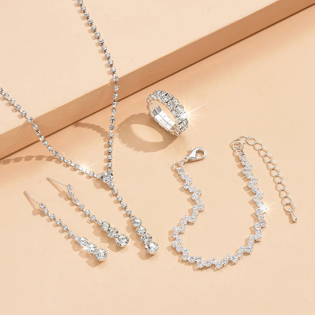 Parure Bijoux Femme 4 Pièces – Collier, Boucles d'Oreilles, Bague & Bracelet, Verre Géométrique, Style Mariage