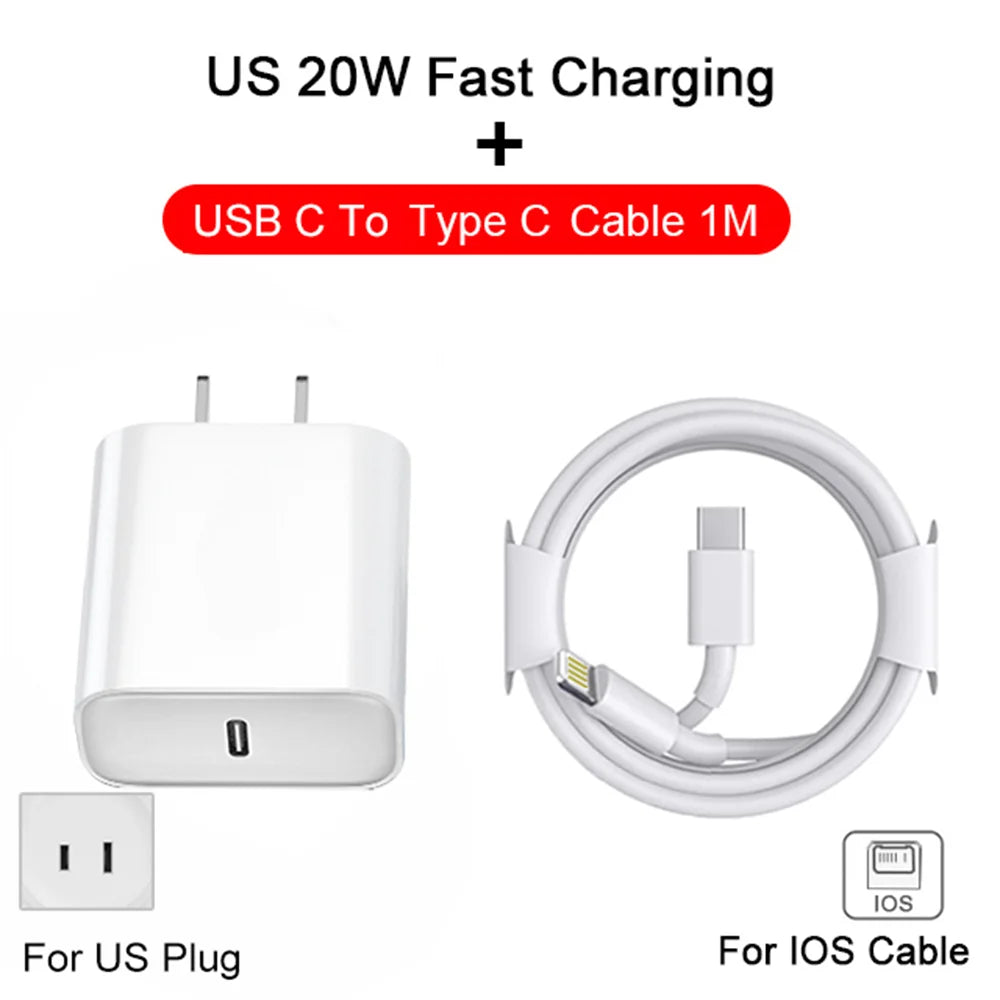 Chargeur Rapide 20W pour iPhone 13 mini 12 11 Pro 14 Pro Max Plus X XR XS – USB Type C avec Câble