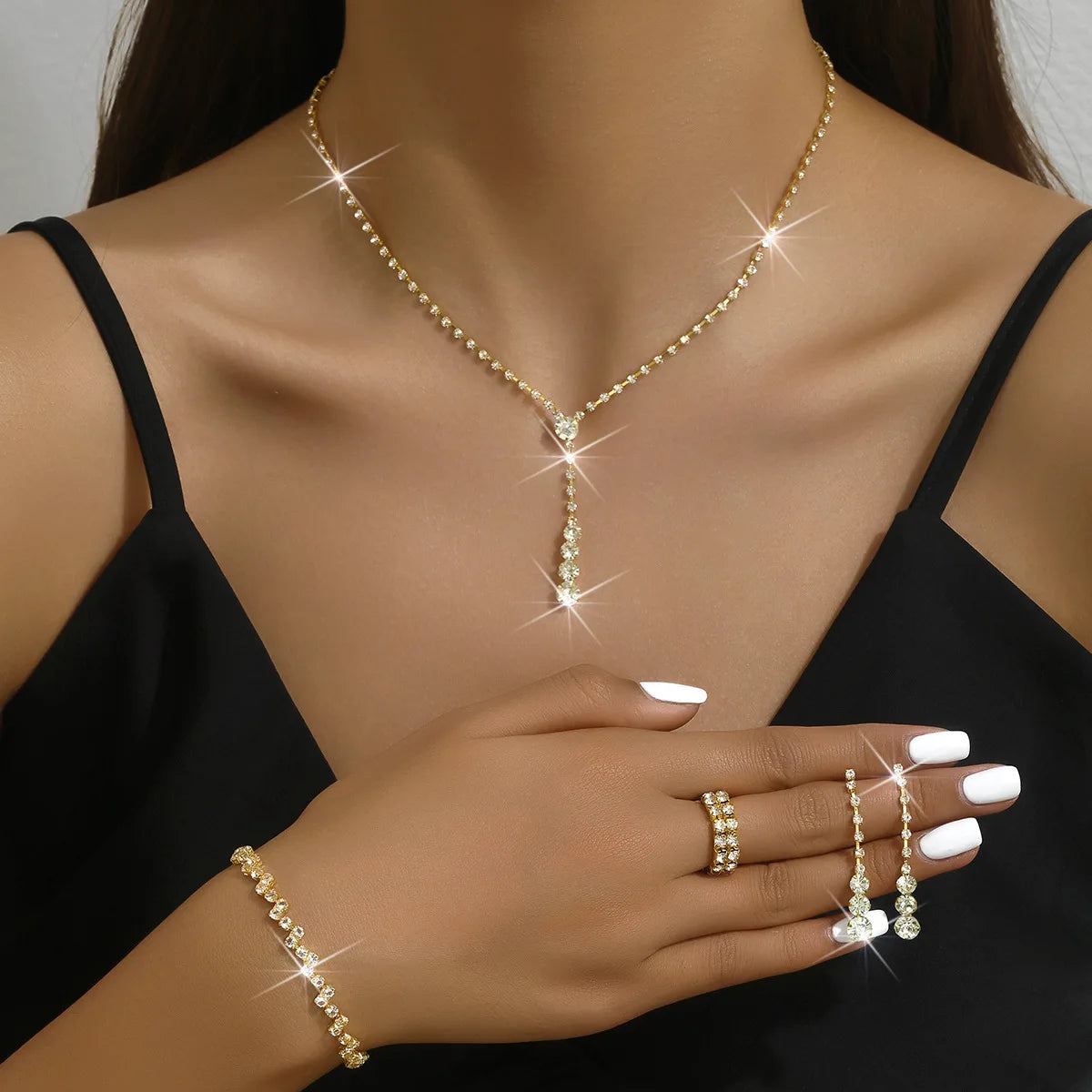 5Pcs Silver Prom Jewelry Set for Women Minimalist Rings Necklace Earrings Bracelet Set Wedding Party Dress Accessories Gifts