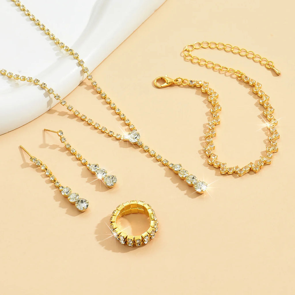 Parure Bijoux Femme 4 Pièces – Collier, Boucles d'Oreilles, Bague & Bracelet, Verre Géométrique, Style Mariage