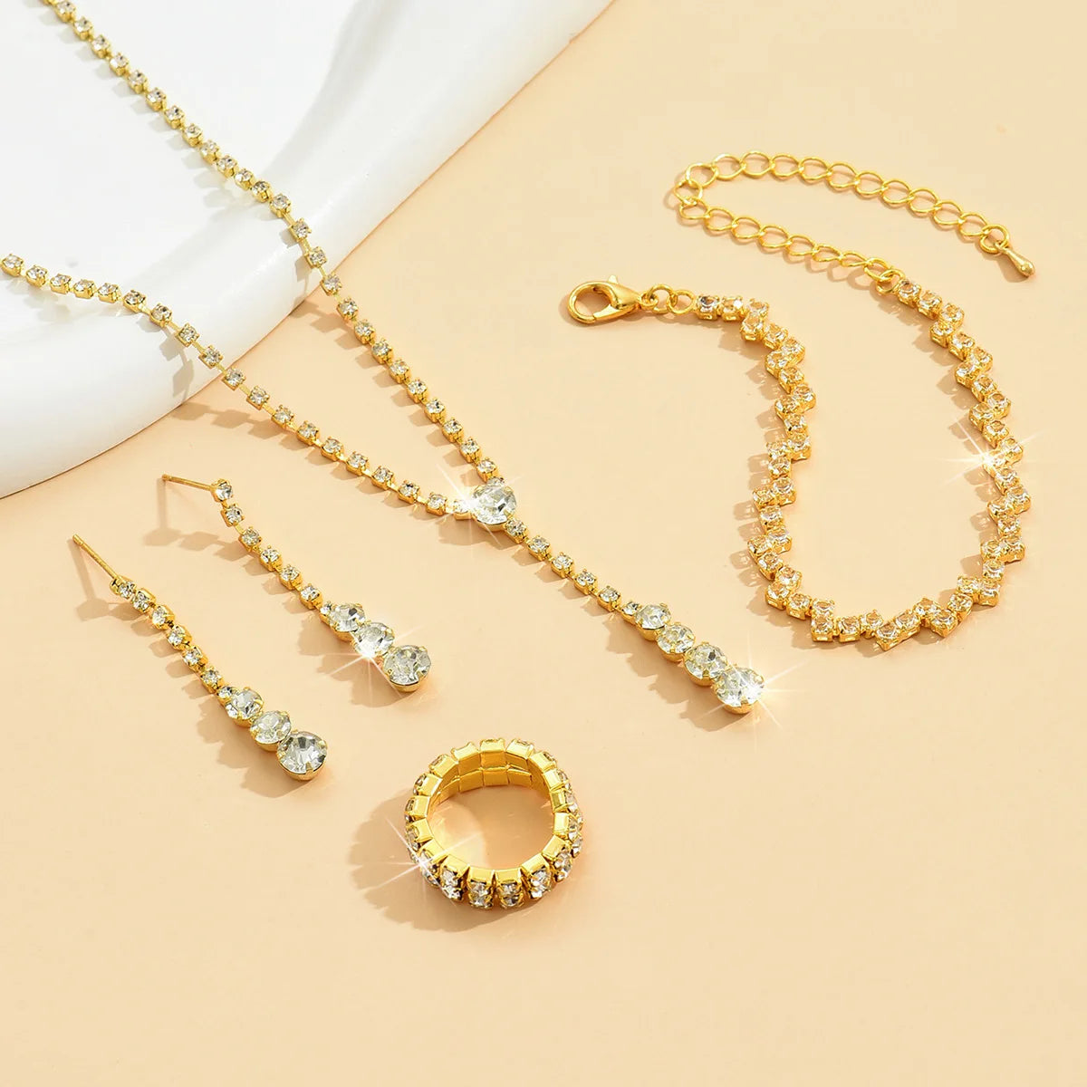 5Pcs Silver Prom Jewelry Set for Women Minimalist Rings Necklace Earrings Bracelet Set Wedding Party Dress Accessories Gifts