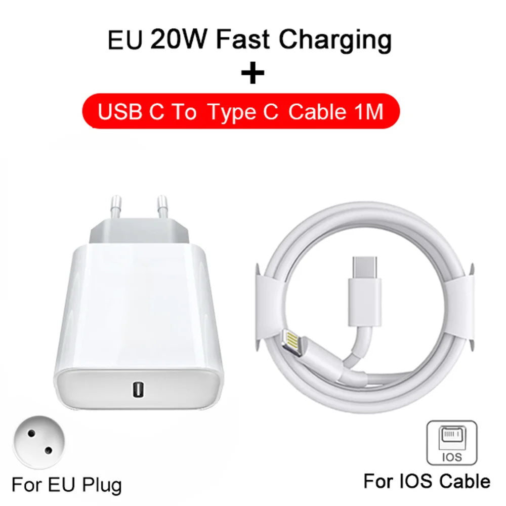 Chargeur Rapide 20W pour iPhone 13 mini 12 11 Pro 14 Pro Max Plus X XR XS – USB Type C avec Câble