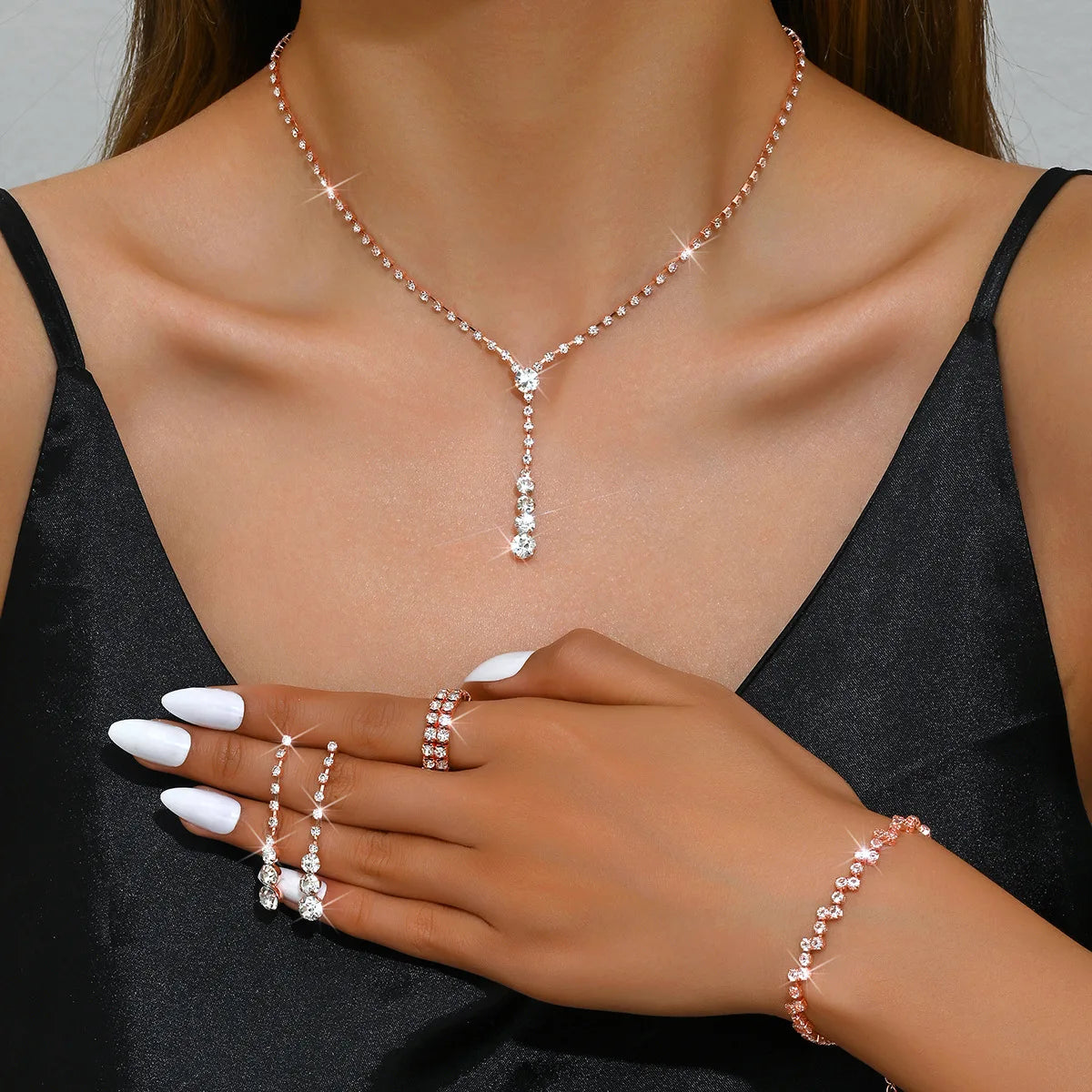 5Pcs Silver Prom Jewelry Set for Women Minimalist Rings Necklace Earrings Bracelet Set Wedding Party Dress Accessories Gifts