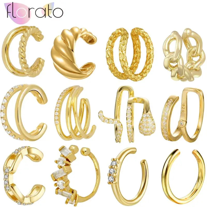 Clip d'Oreille Géométrique Plaqué Or 24K – Argent 925 & Or, Sans Perçage, Zircon, Style Tendance