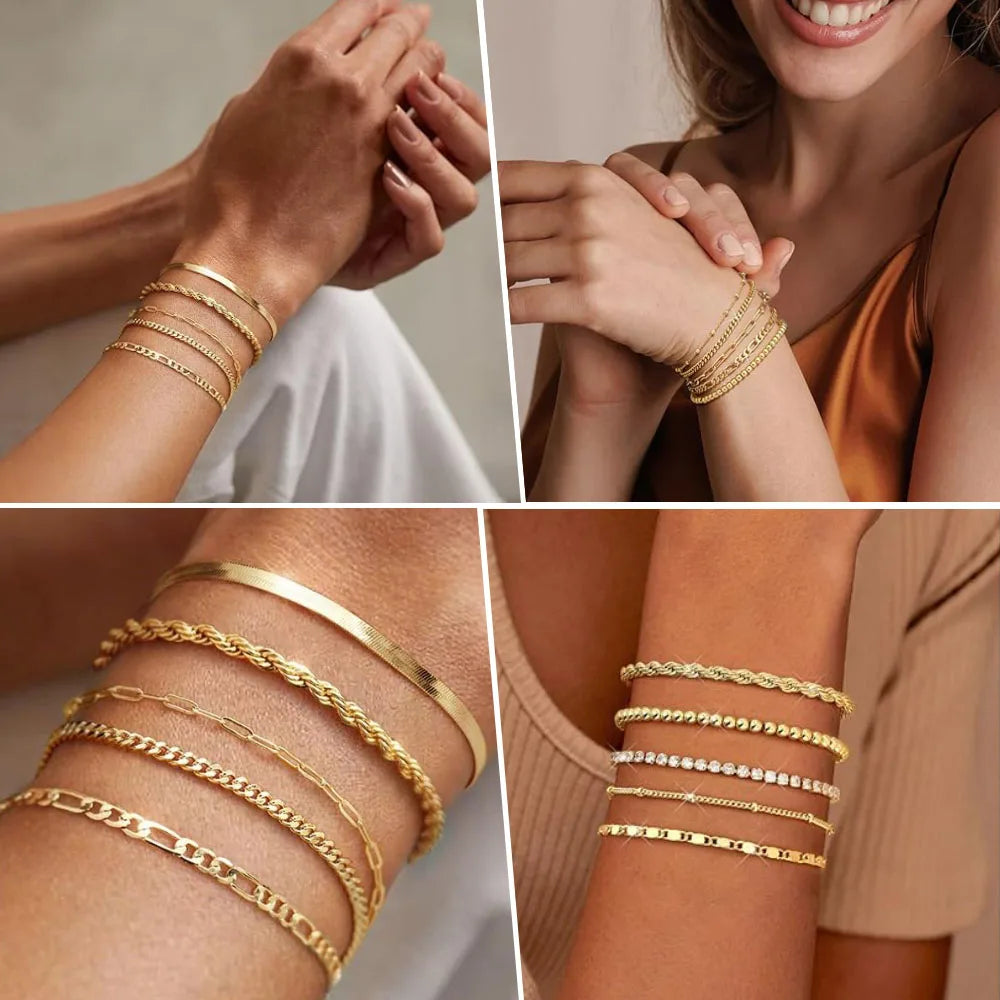 Non Tarnish Stainless Steel Bracelet Gold Plated Stackable for Women, Thin Herringbone Chain Bracelet Waterproof Jewelry Gift